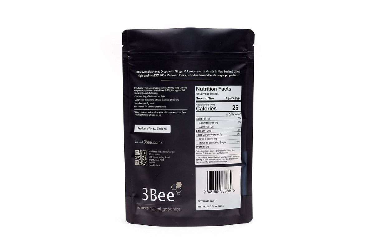 3Bee Manuka Honey Drops 400+ MGO with Ginger & Lemon – Gluten Free
