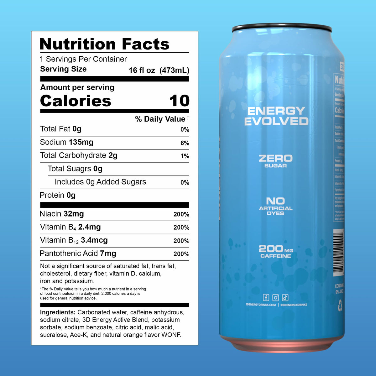 3D Energy Drink Blueberry Mist Sugar Free 200mg Caffeine 16oz Pack