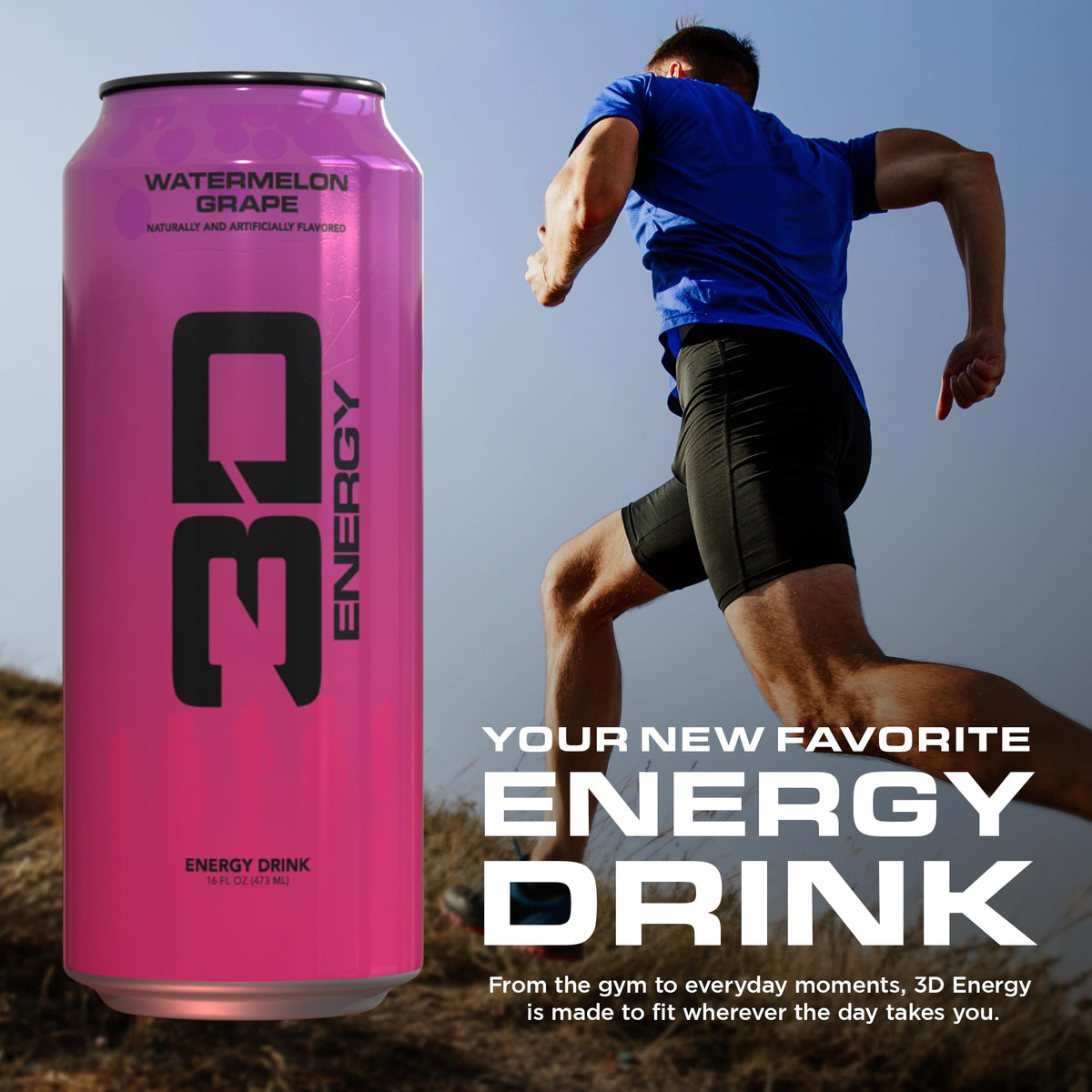 3D Energy Drink – Sugar Free, 200mg Caffeine, Watermelon Grape, 16oz Can, 12 Pack