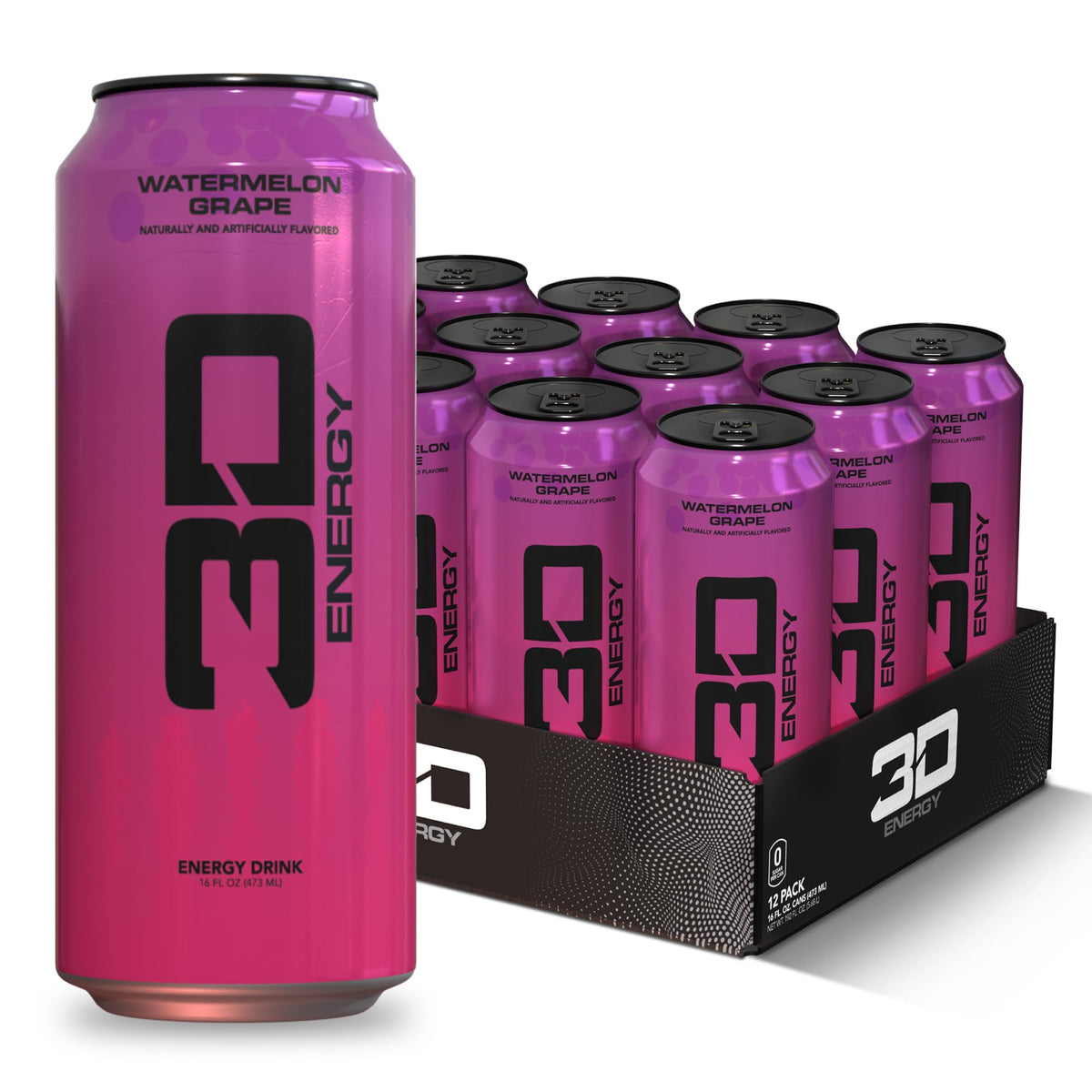 3D Energy Drink – Sugar Free, 200mg Caffeine, Watermelon Grape, 16oz Can, 12 Pack