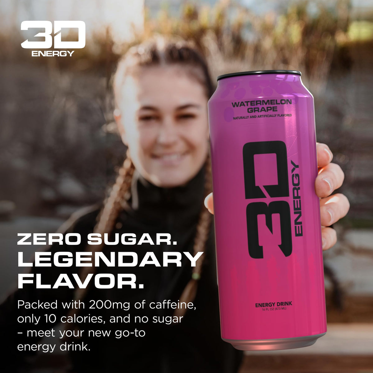 3D Energy Drink – Sugar Free, 200mg Caffeine, Watermelon Grape, 16oz Can, 12 Pack