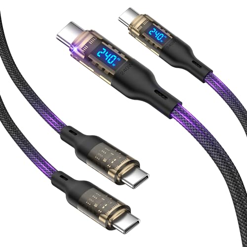 240W USB C to USB C Cable with LED Display Compatible with 140W 100W Fast Charging for MacBook Pro,lPhone 16/15/15Pro/15ProMax,Galaxy S23+/S23Ultra/S22,6.6ft 2Pack,Black,Transparent Shell - size: 6.6Ft 2Pack