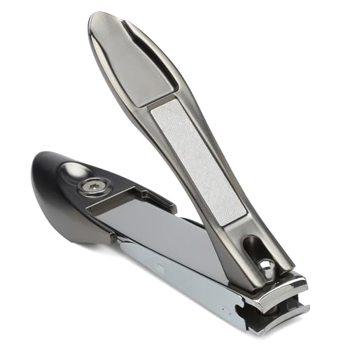 Nail Clippers with Catcher – KLIPP Heavy Duty Stainless Steel Fingernail and Toe Nail Cutter with Curved Surgical Blades and Built-in Nail File – Ergonomic Handle with Wide Jaws for Thick Nails