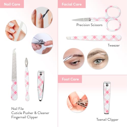 Éclat Manicure Pedicure Kit for Men & Women, 6Pcs Finger & Toe Nail Care Tools Includes Nail Clipper Cutter, Tweezer, File, Cuticle Pusher, Personal Care Professional Grooming Set With Travel Case - color: Mini Mani+pedi Print Set (6pc Plaid)