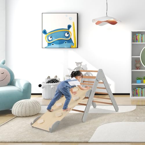 COSTWAY Climbing Triangle with Slide, Indoor Climbing Frame from 1 Year, Rung Triangle Climbing Ramp Made of Wood, for Climbing & Sliding (Grey)