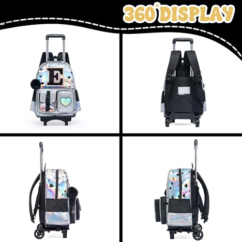 HTgroce Cute Rolling Backpack with Wheel,School Backpack for Kids Girl Roller Schoolbag Wheeled Backpacks Set Carry-on Luggage,Initial E - color: Silver, style: E