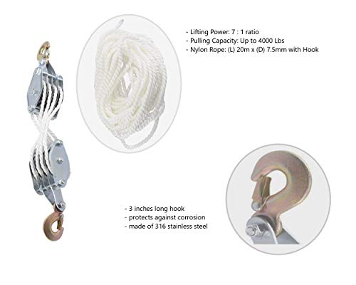 Block and Tackle Pulley System for Lifting Objects - SoB 4000LB Breaking Strength with 65 Feet of 3/8" Rope - 7:1 Lifting Power - Heavy Duty Rope Hoist Pulley System for Garage Warehouse Construction