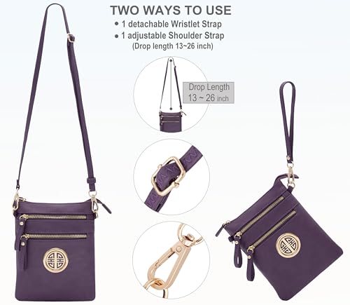 Solene Small Multi Zipper Pockets Crossbody Bag with Detachable Wristlet - color: Purple
