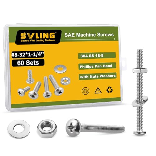 #8-32 x 1-1/4" Pan Head Machine Screws Nut Bolt Washer Assortment Kit,(60 Sets) 304 Stainless Steel 18-8 Phillips Drive Full Thread Assorted - size: #8-32 x 1-1/4"