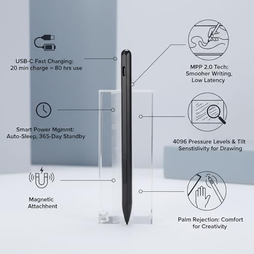 Rechargeable Stylus Pen for 16 13 Touchscreen Laptops, 4096 Pressure Levels Tilt Active Pen MPP 2.0 with Palm Rejection Eraser Shortcut Buttons (Black) - color: Black