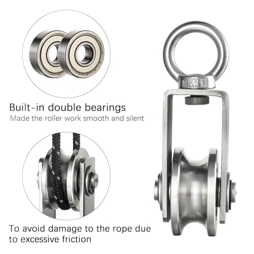 Pulley Wheel with Carabiner, Bearing Inside, Stainless Steel, Rope Cable Pulley for Pulley System, 2 Pack - size: Swivel Pulley with Carabiner