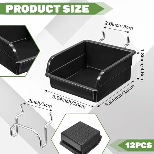 12 Pack Black Pegboard Bins with Metal Hooks, Heavy Duty Slatwall Bins Plastic Storage Organizer Pegboard Tools Organizer for Garage Workshop Craft Room Hardware Tools