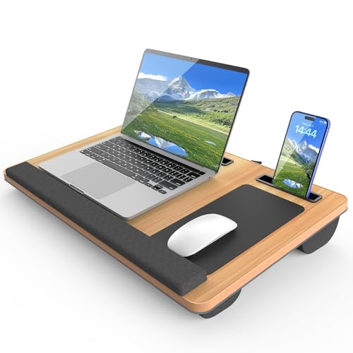 HETTHI Laptop Lap Desk, Portable Large Laptop Desk for Bed, Up to 17 in Lap Table with Wrist Rest, Mouse Pad, Tablet Phone Slot, Portable Handle, Cushion (Light Brown) - color: Light Brown