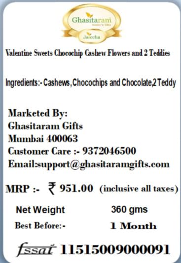 Ghasitaram Gifts Valentines Gift for Girlfriend/Boyfriend/Husband and Wife - Valentine Sweets Chocochip Cashew Flowers and 2 Teddies
