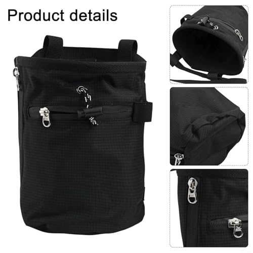 Climbing Chalk Bag with Drawstring Closure Nylon Gymnastics Powder Bucket for Rock Climbing Weightlifting Bouldering Adjustable Waist Belt and Carabiner(Black) - size: Black
