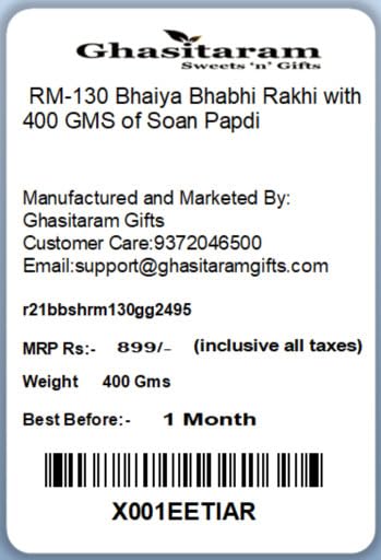Ghasitaram Gifts Rakhi for Brother Rakhis Online - RM-130 Bhaiya Bhabhi Rakhi with 400 GMS of Soan Papdi