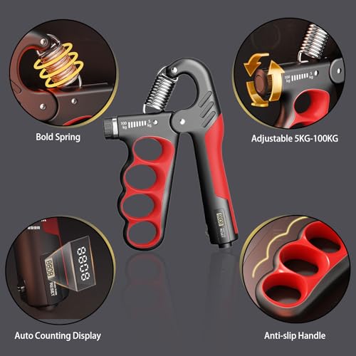 Grip Strength Trainer, 5-100KG (11-220 LB) Adjustable Resistance Forearm Hand Gripper Strengthener with Counter, Hand Wrist Exercise Workout Equipment for Home/Office Gym - color: Red