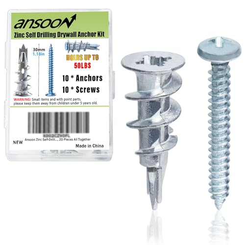 #8 Metal Zinc Self Drilling Hollow Metal Wall Anchors and Screws Kit | 10 No Pre Drill Hole Required Heavy Duty Drywall Anchors, 10 #8 x 1-1/4'' Screws for Drywall Hanging/Mounting-Hold Upto 75lbs - size: Silver Metal