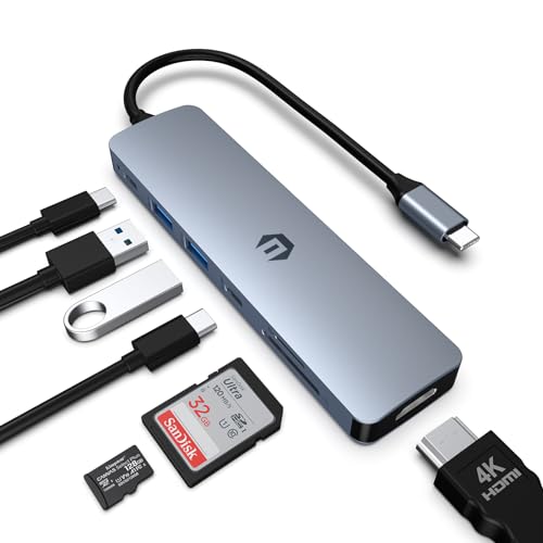 USB C HUB, 7 in 1 Hub Adapter, HDMI Output, 100W Power Delivery, USB C 3.0, Two USB 3.0 Ports, SD/TF Card Reader, Perfect for USB C Laptops Dell XPS/HP/Surface and Other Type
