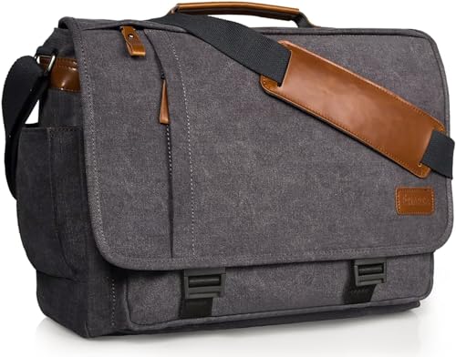 ESTARER Computer Messenger Bag 15-15.6 inch, Laptop Work Bag Briefcase for Bussiness/College/Travel, Water-resistant Canvas Shoulder Satchel, Grey - color: 15.6'' Buckle-grey