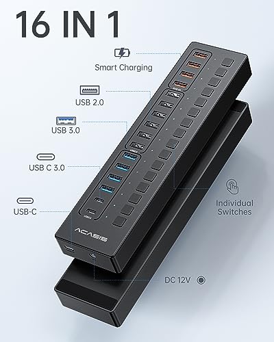 Powered USB 3.0 Hub, ACASIS 16 Port USB Hub Powered(Include 2*USB C 3.0+4 Smart Charging Port) with 60W Power Adapter, Support Wall Mount, USB Hub for PC Laptop, Mac, Printer, Camera