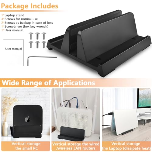 Vertical Laptop Stand Holder, ABS Organizer with Adjustable Dock, All in 1 Design Space-Saving, Sturdy Laptop Computer Holder for PC up to 17.3 inches, MacBook, Mini PC, Pad, Phone (Black, 1 Slot)