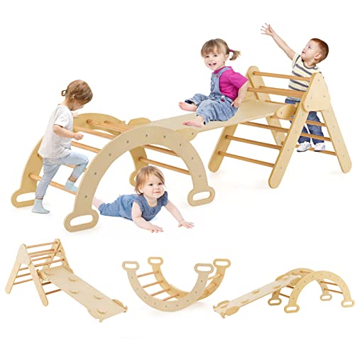 HONEY JOY 5 in 1 Wooden Climbing Toys for Toddlers, Triangle Climber with Ramp for Sliding or Climbing, Indoor Beech Montessori Triangle Climbing Arch Set for Daycare, Gym & Playground, Natural - style: 5 In 1