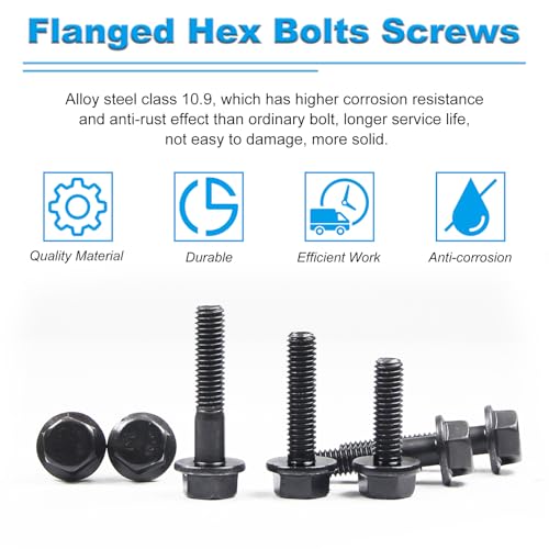 M6-1.0 x 20mm Flanged Hex Head Bolts Flange Hexagon Screws, External Flange Hex Drive Screws,Class 10.9 Black Finish,Alloy Steel, Fully Threaded, 48 PCS - size: M6x20mm