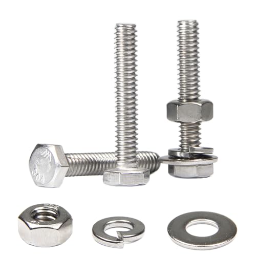 MroMax 20 Sets 1/4-20 x 1-1/2" Hex Head Screw Bolt, Nuts, Flat Washer & Spring Lock Washers Kits,Fully Threaded, Stainless Steel 18-8（304）, Bright Finish - size: 1/4-20 x 1-1/2" (20 Sets)