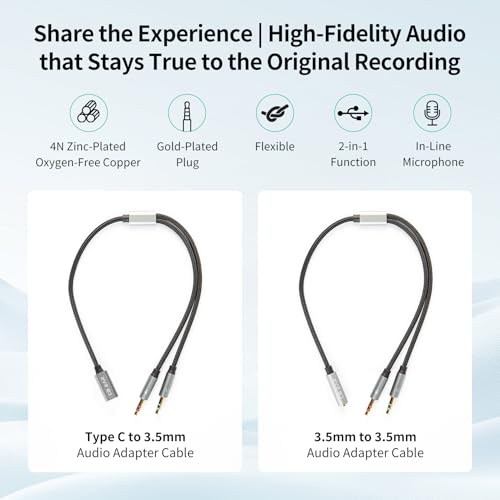 EZ EAR KBEAR KA01 Headphone Splitter，4N OFC Headset Splitter Cable for Computer 3.5MM Female to 2 Dual 3.5mm Male Braided Audio Cable Earphones Port Cord Gaming Headset to PC Laptop Adapter (3.5mm)