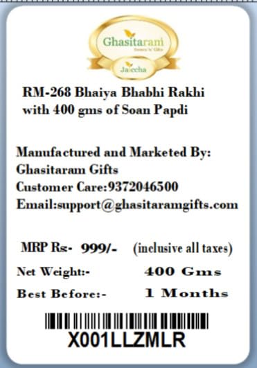 Ghasitaram Gifts Rakhis Online - Rakhi for Brother-RM-268 Bhaiya Bhabhi Rakhi with 400 GMS of Soan Papdi
