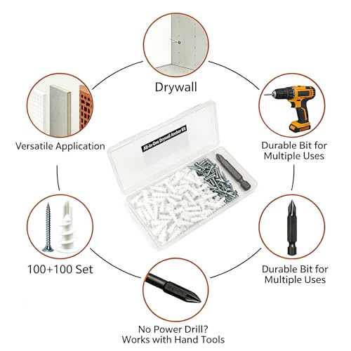 200Pcs Drywall Anchors and Screws Kit, 100Pcs Self-Drilling Plastic Wall Anchors with 100Pcs #8 Phillips Screws & PH2 Bit, Heavy Duty Anchors for Hanging Pictures, Shelves, Home Mounting - size: 1 Inch