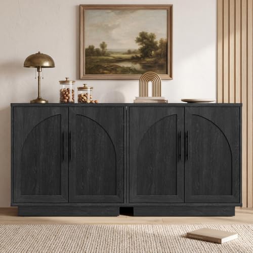 Fatmok Modular Entertainment Center & Buffet Cabinet, Extra Long Sideboard TV Stand with Arched Wooden Doors, Modern Wooden Storage Cabinet for Living Room, Black Grey(CEEC,4-Piece) - color: Ceec-black Grey