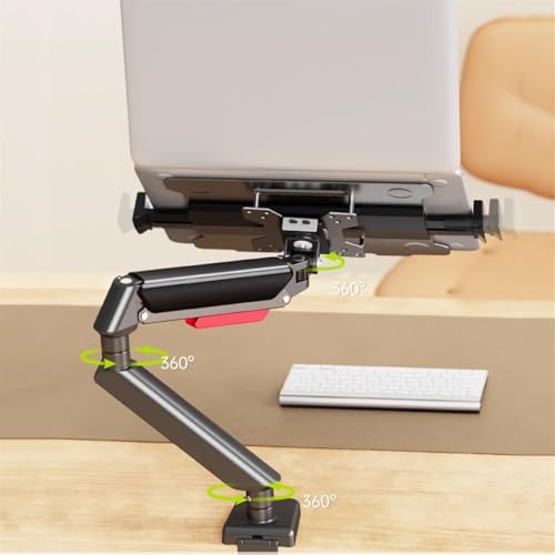 Office Laptop Mount with Adjustable Tray for 10-17”Notebook, Full Motion Gas Spring Mount Arm for 17-32”Monitor (Within 4.4~22.0lbs), C-Clamp and Grommet Base Desk Accessories(Black)