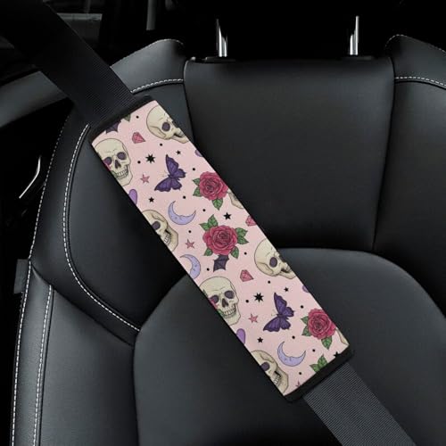 1 Pair Universal Soft and Comfortable Car Seat Belt Pad for Girls and Boys, Most Cars, Gothic Pink Skull Skeleton Rose Bat Harness Pads Strap, Neck and Shoulder Support - color: Pattern 467