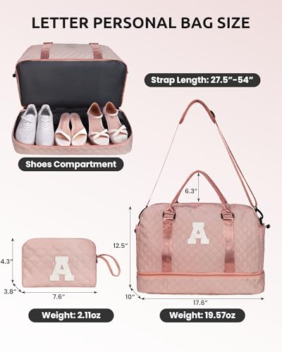 Initial Duffle Bag with Shoe Compartment,Personalized WeekenderBag | with Shoulder Strap, Monogram Overnight Bag for Women with Trolley Sleeve & Wet Pocket, Letter Travel Bag with Makeup Bag - color: Pink, style: J