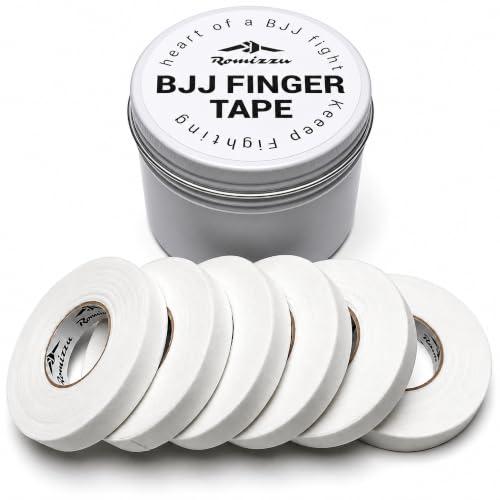 BJJ Finger Tape with Metal Storage Tin - 6 Rolls (26ft) Grappling Tape, MMA | Breathable cotton, residue-free tape offers strong finger support. Great for wrestling, rock climbing, Jiu Jitsu. 0.3in wide. - color: White