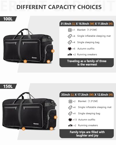 Gonex 150L Large Foldable Travel Duffle Bag with Shoes Compartment, Packable Lightweight Water Repellent Duffel Bag for Camping Gym Weekender Bag Black - color: Black, size: 150L