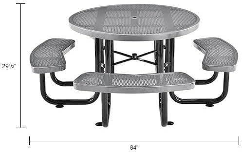 Global Industrial 46" Round Picnic Table, Perforated Metal, Thermoplastic Coating, Attached Benches, 1-1/2” Umbrella Pole Hole, Outdoor-Rated, 1000 lbs Capacity, Gray