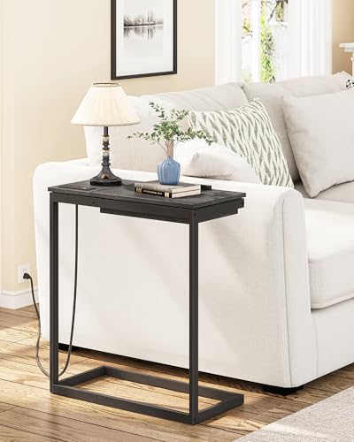 TUTOTAK Large C Shaped End Table, Side Table with Charging Station C Table | Tilting Laptop Stand with Storage, Computer Couch table for Living Room, Bedroom, Black TB01BK090 - color: Black, style: Plug