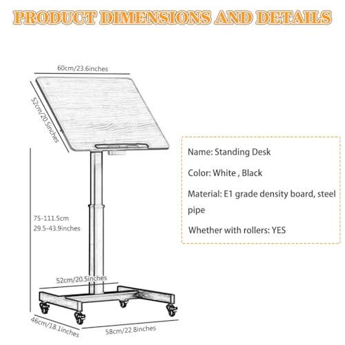 Height Adjustment Standing Desk, School Stand Up Desk with Wheels, Office Flippable Moved Laptop Table, Anti-Fall Fence Design Side Table(White) - color: White