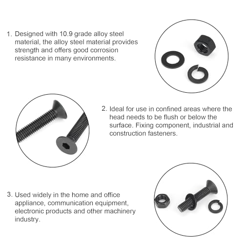 DYWISHKEY 246 Pieces M5 Black Screws, 10.9 Grade Alloy Steel M5x 6/8 /10/12 /16/20 /25mm Countersunk Head Socket Cap Screws Bolts Nuts Washers Assortment Kit - size: M5, style: Countersunk Head Socket Cap