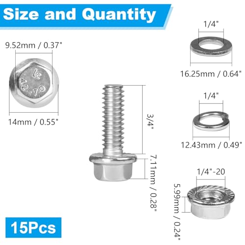 15 Sets 1/4-20 x 3/4" Flanged Hex Head Bolts Kits, 1/4-20 Flange Hexagon Screws and Nuts,Flat & Spring Lock Washers, 304 Stainless Steel 18-8,Fully Threaded - size: 1/4-20 x 3/4"