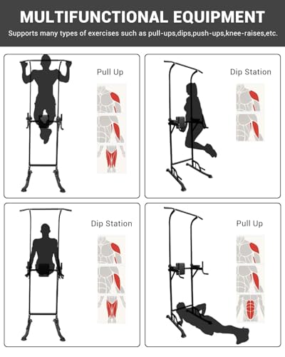 Power Tower Pull Up Bar Station, Height Adjustable Free Standing Dip Station, Home Strength Training Fitness Workout Equipment for Home Gym