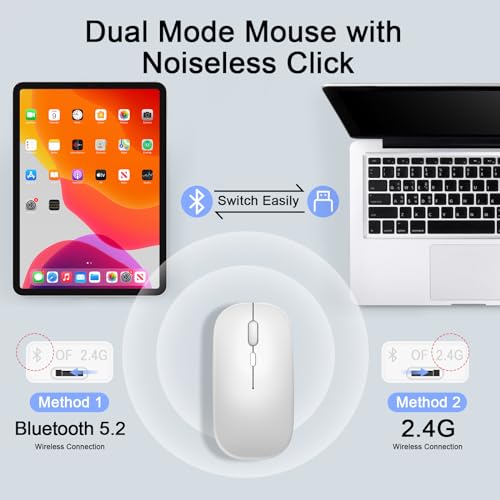 Wireless Keyboard and Mouse Combo, Rechargeable Bluetooth Keyboard & Mouse with 2.4 GHz Wireless USB Receiver, Compatible with iPad, Smartphone, PC, Laptop, Windows/iOS/Android, White - color: White