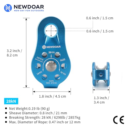 Fixed Plate Micro Pulley,28KN CE Certified General Purpose Small Aluminum Rope Pulleys for Climbing/Aloft Work/Rappelling/Rescue Etc - color: Pack of 2(28KN Pulley Blue