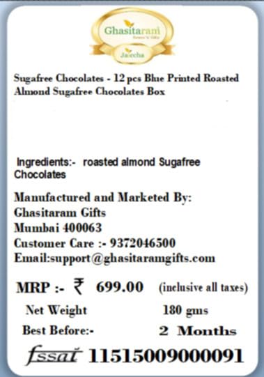 Ghasitaram Gifts Rakhi Gifts for Brothers Rakhi Sugafree Chocolates - 12 pcs Blue Printed Roasted Almond Sugafree Chocolates Box with Pearl Rakhi