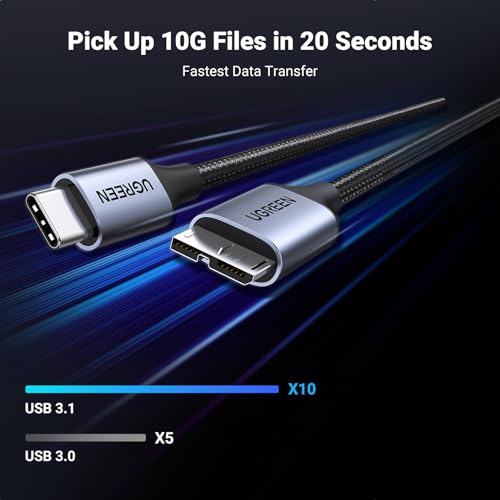 UGREEN 10Gbps USB C to Micro B Cable 3.3FT for External Hard Drive | 10Gbps transfer speed, braided shield, 40000+ bend tests, aluminum alloy shell, wide device compatibility - size: 3.3 FT