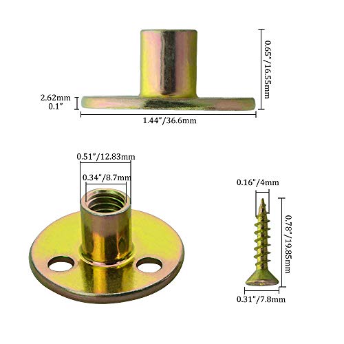 WMYCONGCONG 64PCS 3/8” Brad Hole Tee T-nut with Round Base Iron Plate Nut Screw Set Furniture Hardware Flange Insert Female Thread T-Nut with Mounting Screws Set (3/8" - 64Pcs) - size: 3/8" - 64Pcs