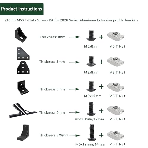 240 pcs M5 T Nut Screws Kit for 2020 2040 2080 Aluminum Extrusion, 120 pcs Black M5x8/10/12/14mm Hexagon Socket Screws and 120 pcs M5 Drop in T-Nuts with 1 pcs Hex Wrench - style: 240pcs 20 Series Screws Kit Black B